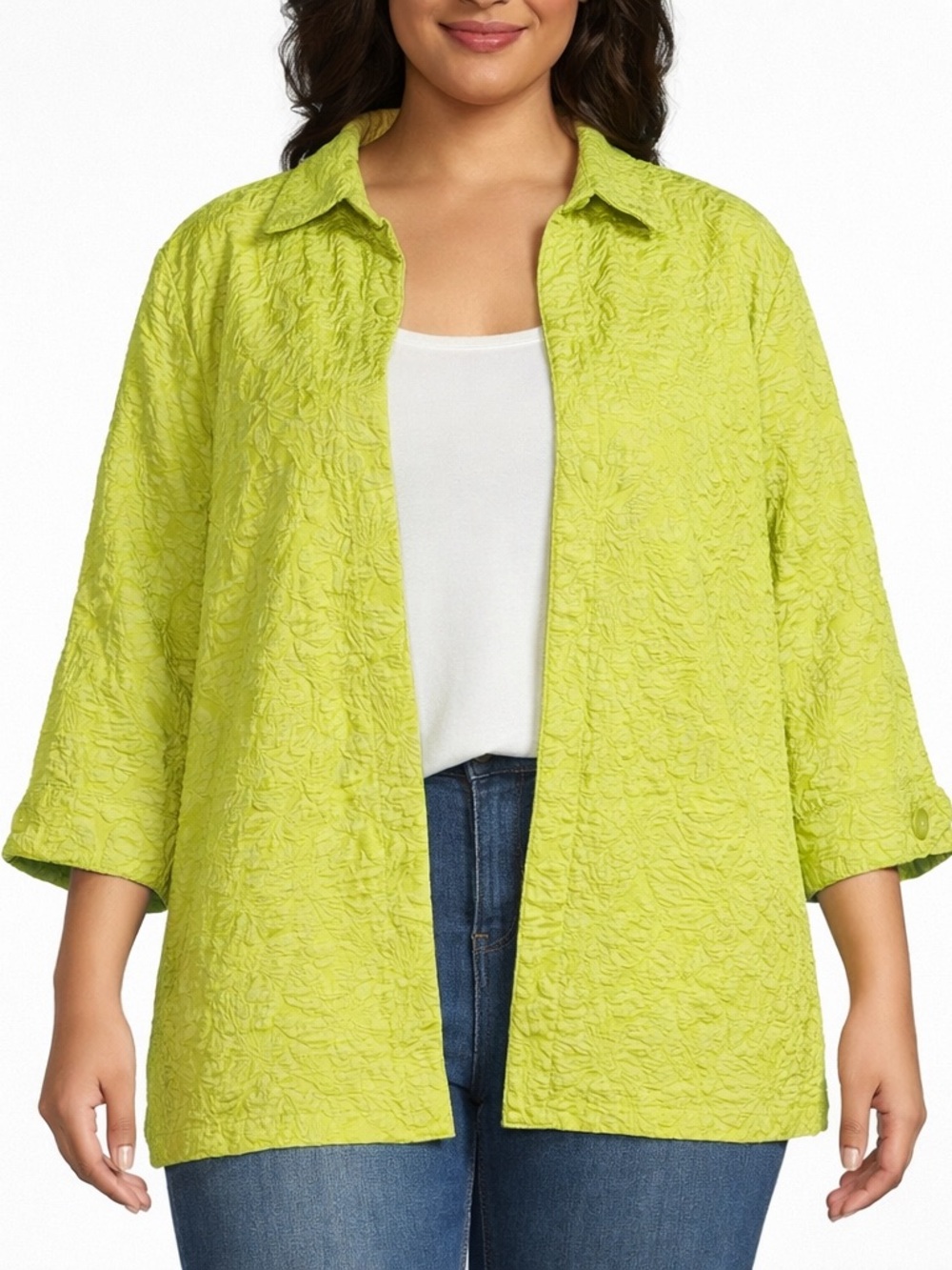 NWT Slim Factor Lime Green Textured Stretch Jacket 3/4 Sleeve Open Front 3X Plus